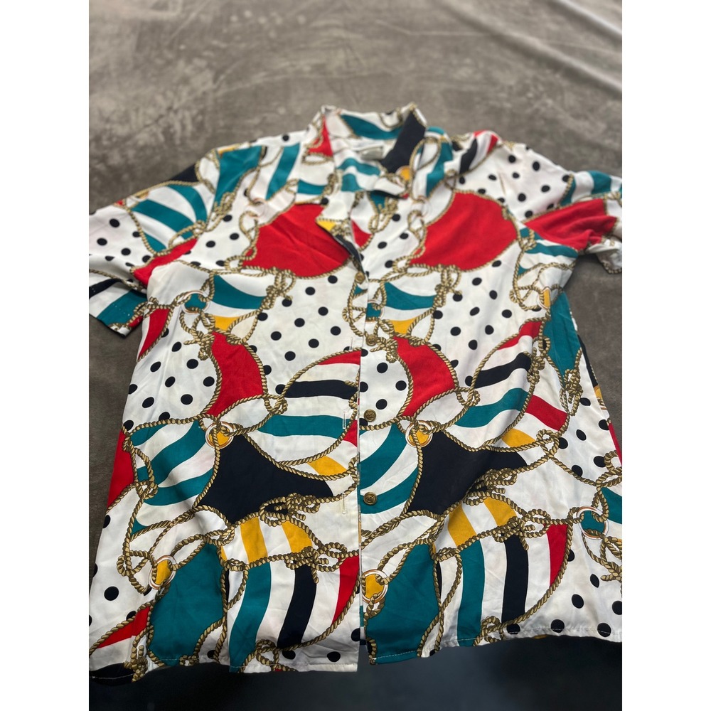 Kathie Lee Vintage 80's Nautical Chain‎ Polka Dot Button Up Blouse USA Size 14